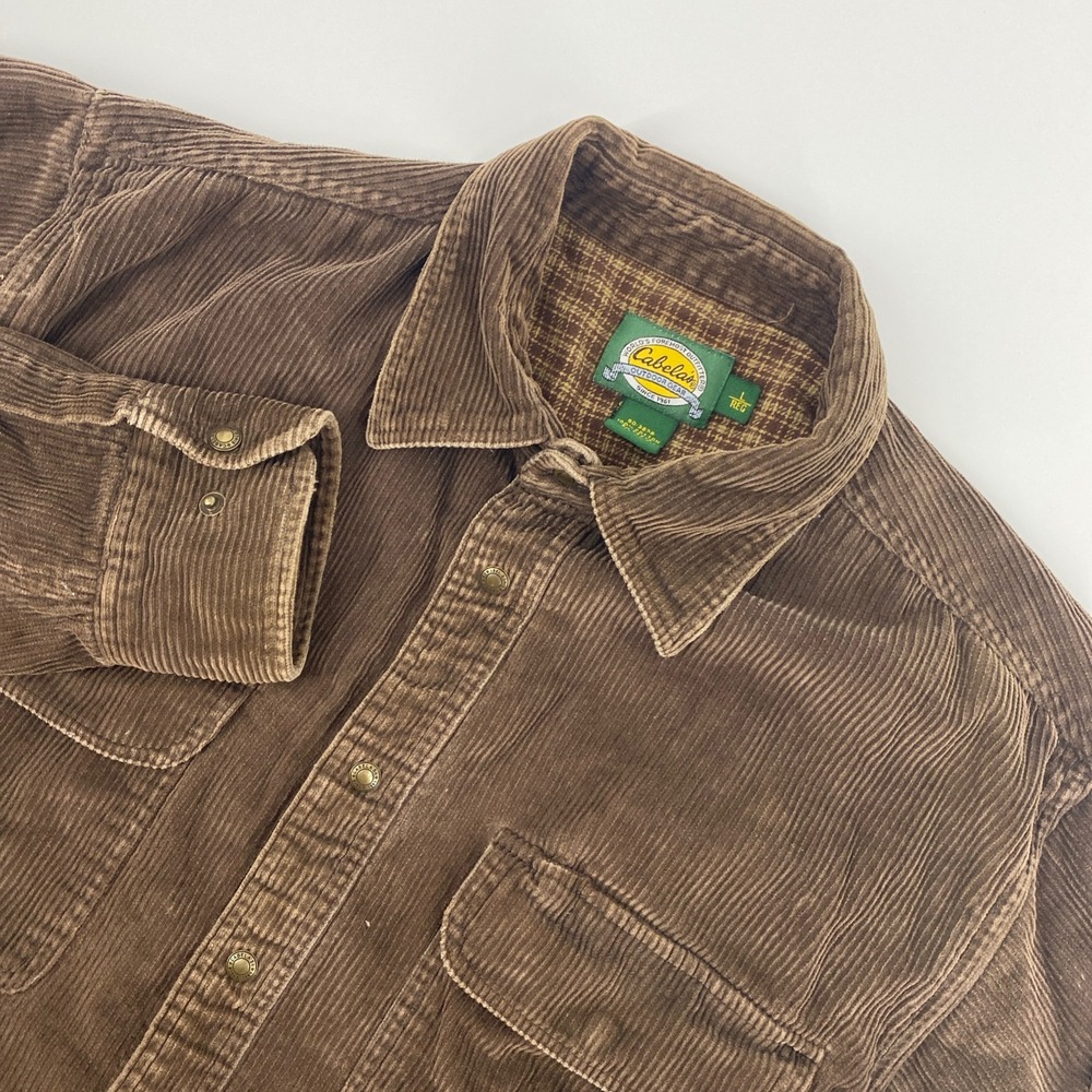Cabelas Corduroy Jacket Mens Large Brown Flannel Lined Snap Outdoors Cabin
